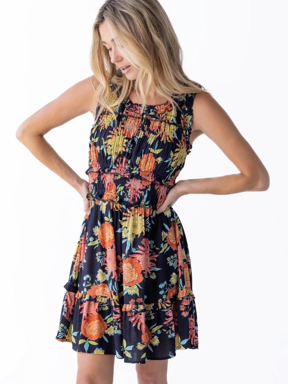 Natural Life Elsie Ruffle Mini Dress in Marigold Floral Pattern